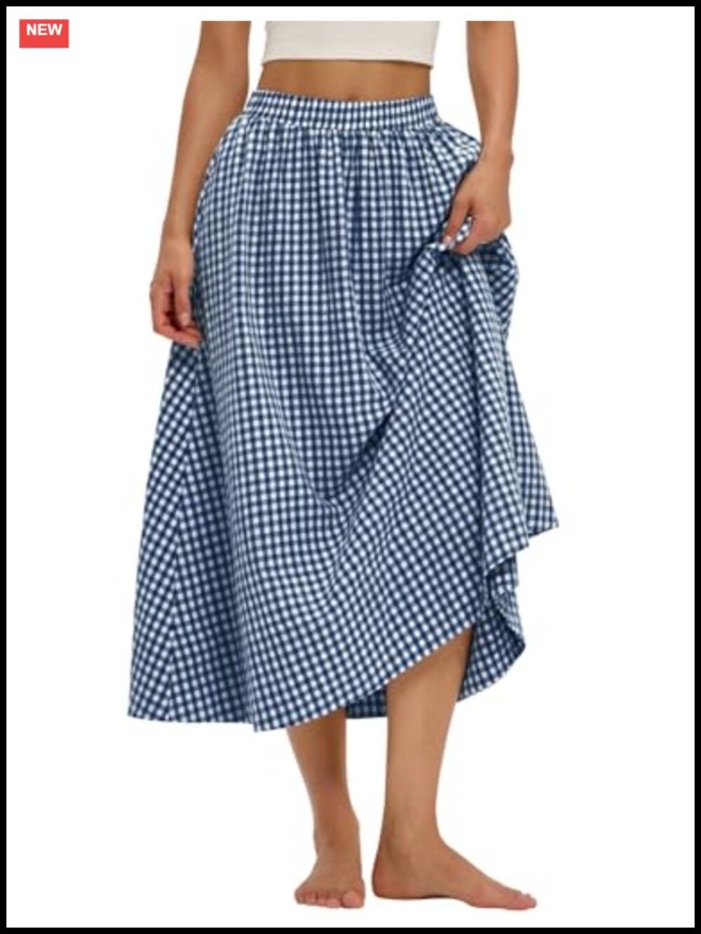 Womens Midi Skirt with Pockets A-Line Cotton Flowy Elastic Waist